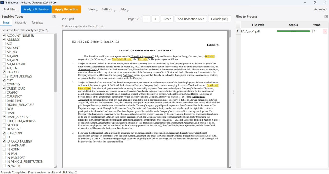 PII Blackout desktop app highlighting detected sensitive text in a PDF before redaction